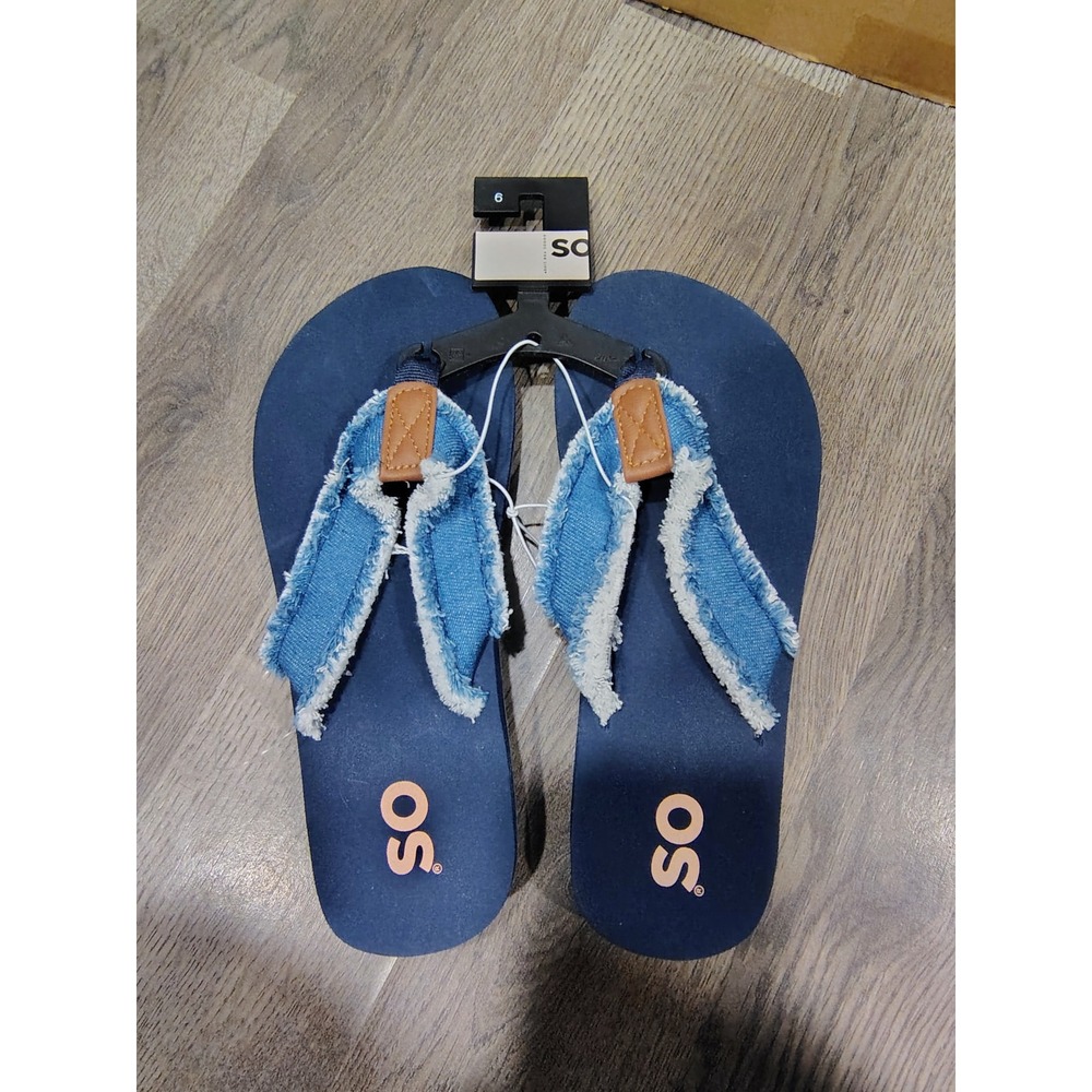 SO Goods For Life Womens Navy Blue Frayed Denim Flip Flop Sandals Size 6